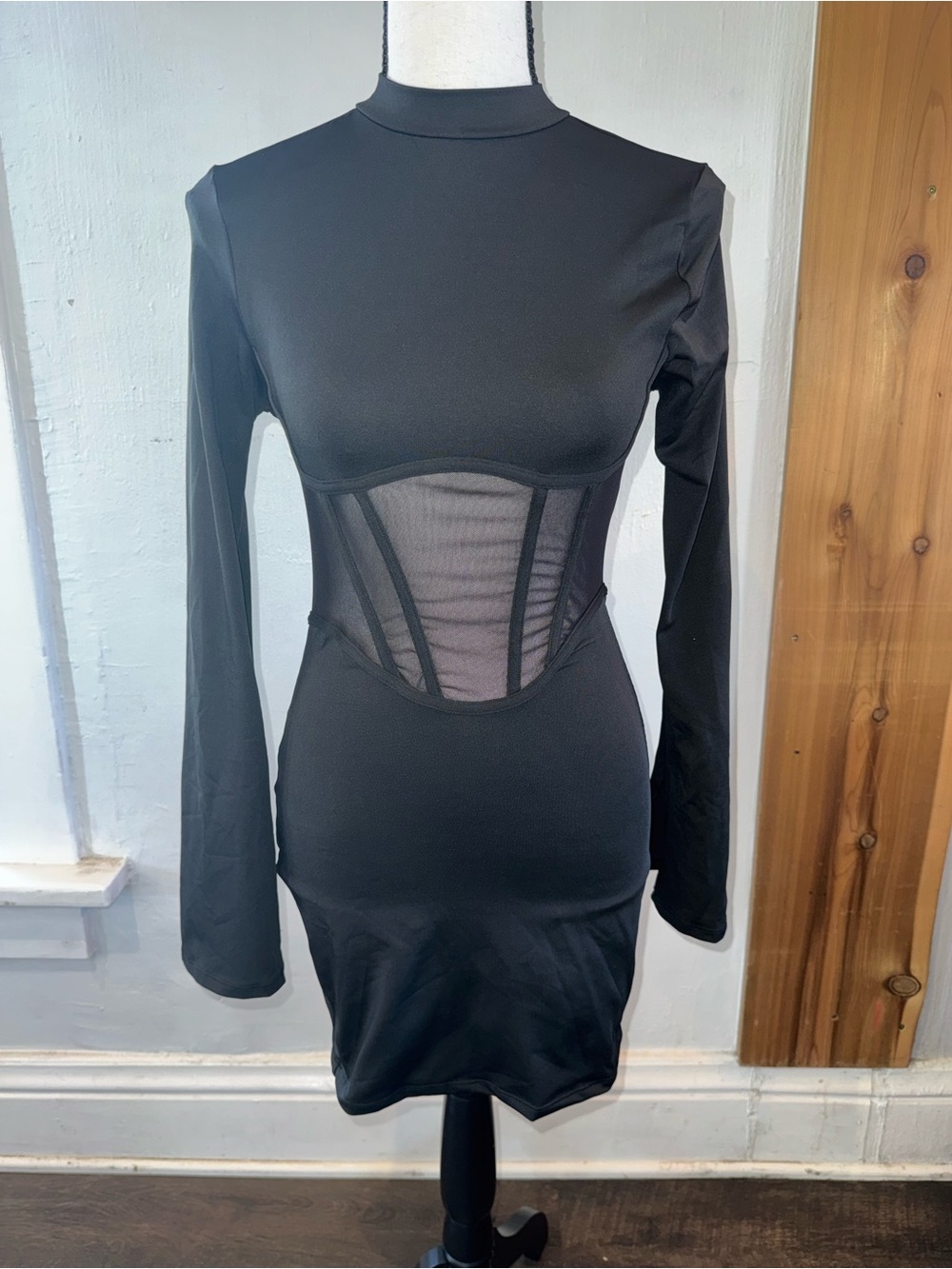 NWOT Black Long-Sleeve Mesh Corset Bodycon Dress